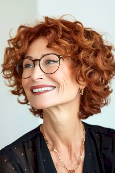 メガネをかけた60歳以上の笑顔の女性に短い銅のカール。