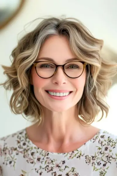 メガネをかけた笑顔の60代女性に、バレイヤージュを施した波がハイライトされています。