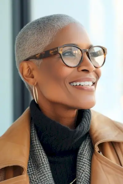 メガネをかけた笑顔の60代黒人女性をバズカット。