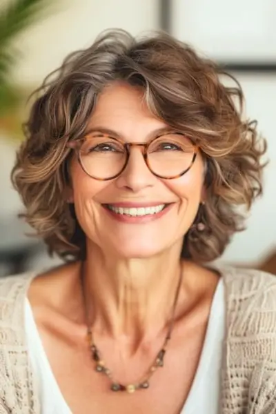 メガネをかけた笑顔の60代女性に巻き毛のレイヤードボブ。