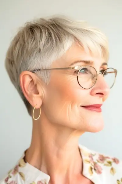 メガネをかけた60代の明るい髪の女性の前髪ありのショートピクシーカット。