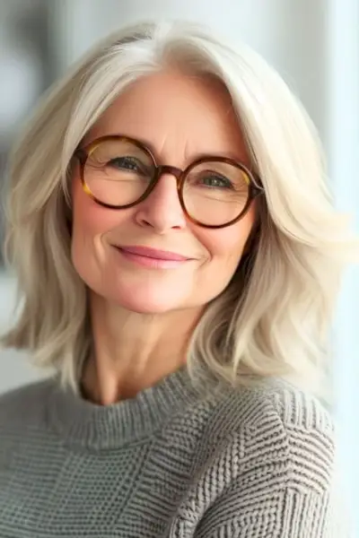 メガネをかけた60歳以上の美しい女性に、肩までの長さのテクスチャードレイヤー。