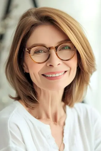 メガネをかけた60歳以上の笑顔の女性の、顔を横に分けたフレーミングボブ。