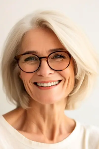 メガネをかけた60代の笑顔の女性にレイヤーを重ねた、丸い金髪のボブ。