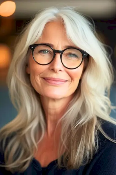 メガネをかけた明るい髪の60代女性にカーテン前髪をつけたロングレイヤー。