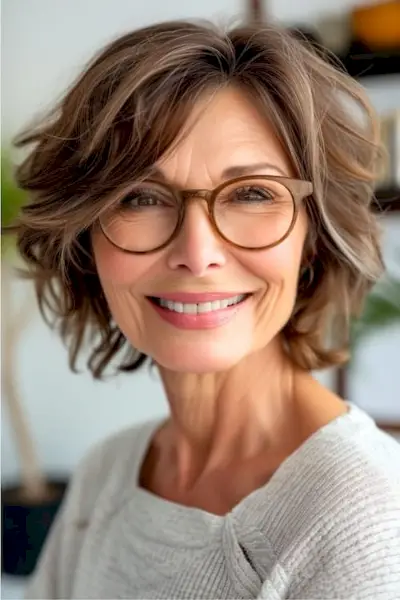 メガネをかけた笑顔の 60 代女性に羽模様のレイヤーを施した短いテクスチャー カット。