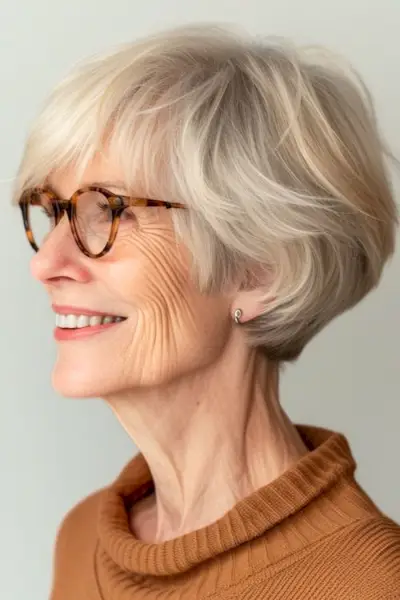 メガネをかけた 60 代の女性の、短く丸い金髪のボブ。