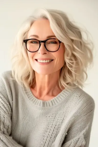 メガネをかけた60代の笑顔の女性にサイド部分を付けた波。