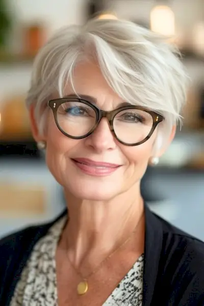 メガネをかけた60歳以上の銀白色の髪の女性にテクスチャードレイヤーを施したピクシーカット。