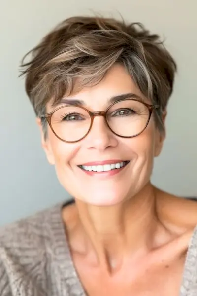 メガネをかけた笑顔の60代の女性に、前髪を横に流したテクスチャーのあるピクシー。