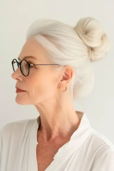 メガネをかけた60歳以上の女性のボリュームのある白いちょんまげ。