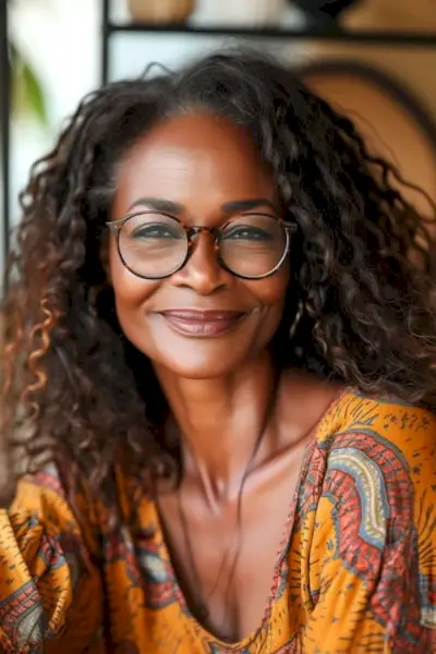 メガネをかけた60代の美しい黒人女性の自然な茶色のカール。