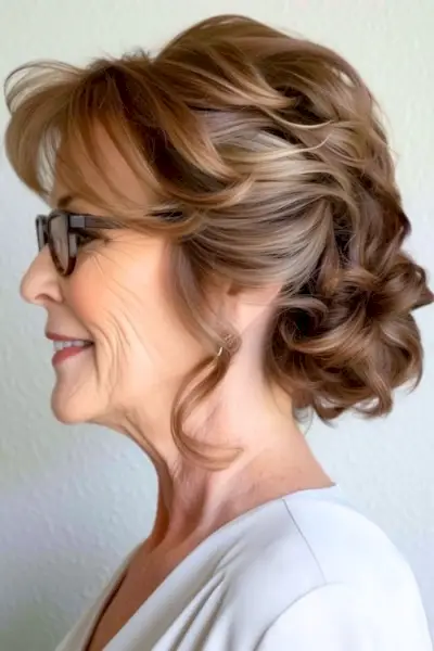 メガネをかけた60歳以上の女性のハーフアップ、ハーフダウンの髪型。