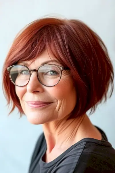 メガネをかけた 60 歳以上の女性のストレートの短い赤褐色のボブのヘアカット。