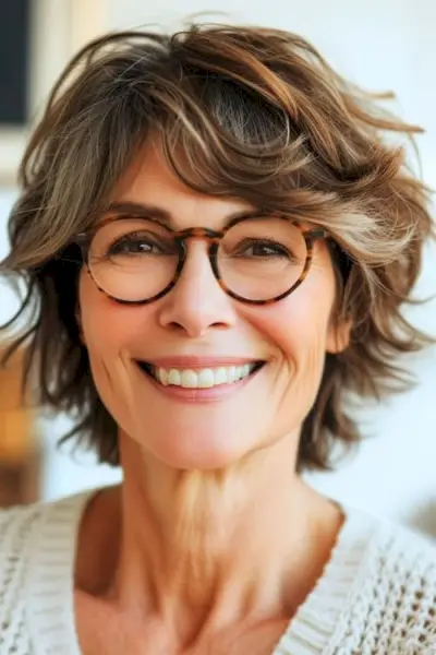 メガネをかけた60歳以上の笑顔の女性にレイヤードウェーブを施したシャギーボブ。