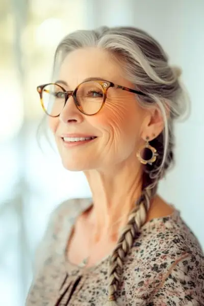 メガネをかけた60代女性のゆるい三つ編み。