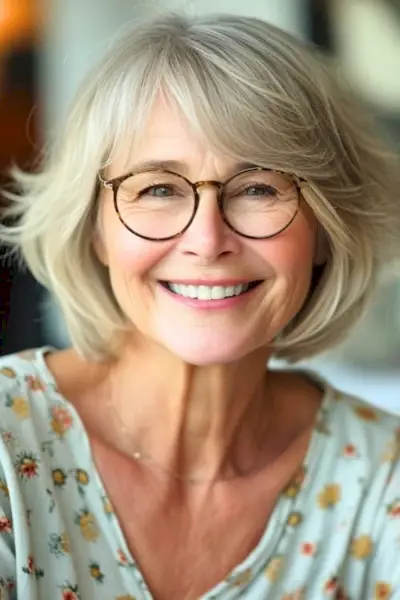 メガネの年配女性に前髪を横に流したレイヤードボブ。