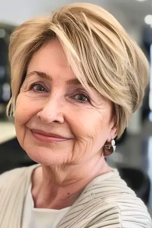 둥근 얼굴을 가진 50세 이상 여성을 위한 픽시 밥 헤어스타일.