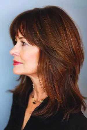 둥근 얼굴을 가진 50세 이상 여성을 위한 어깨 길이 레이어 헤어스타일.