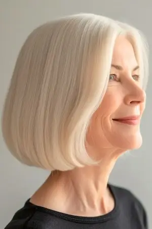 둥근 얼굴을 가진 50세 이상 여성을 위한 세련된 밥 헤어스타일.