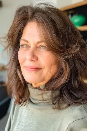 둥근 얼굴을 가진 50세 이상 여성을 위한 깃털 달린 어깨 길이 레이어 헤어스타일.