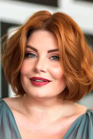 둥근 얼굴을 가진 50세 이상의 여성을 위한 물결 모양의 구리 밥 헤어스타일.