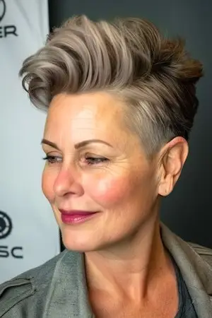 둥근 얼굴을 가진 50세 이상의 여성을 위한 퐁파두르 헤어스타일의 픽시.