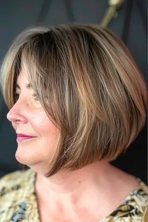 둥근 얼굴을 가진 50세 이상 여성을 위한 각진 레이어 밥 헤어스타일.