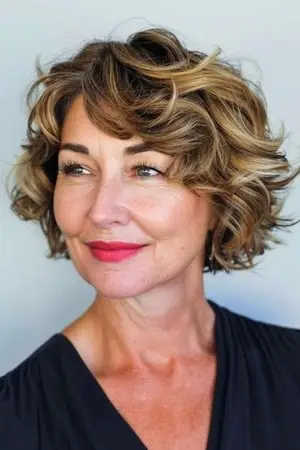 둥근 얼굴을 가진 50세 이상 여성을 위한 곱슬 레이어 밥 헤어스타일.