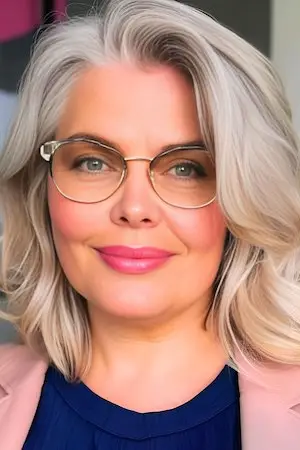 둥근 얼굴을 가진 50세 이상 여성을 위한 안경 헤어스타일이 있는 실버 밥.