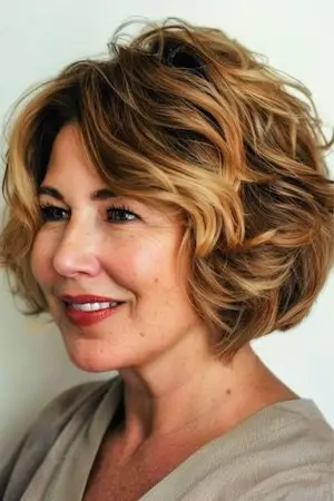둥근 얼굴을 가진 50세 이상 여성을 위한 짧은 웨이브 컷 헤어스타일.