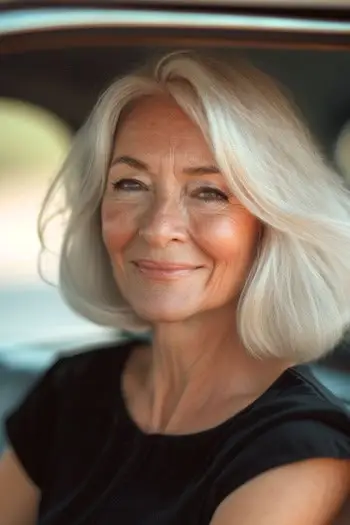 Krótka fryzura typu bob z miękkim piórkiem dla kobiet po 70. roku życia.