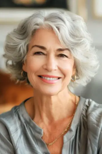 Krótka fryzura z warstwowymi srebrnymi falami dla kobiet po 70. roku życia.