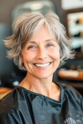 Krótka, kudłata, krótka fryzura dla kobiet po 70. roku życia.