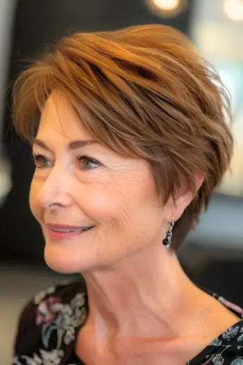 Krótka fryzura z piórami Pixie dla kobiet po 70. roku życia.