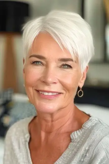 Krótka fryzura z Razored Cut Pixie dla kobiet po 70. roku życia.