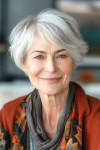 Krótka fryzura Silver Pixie Bob dla kobiet po 70. roku życia.