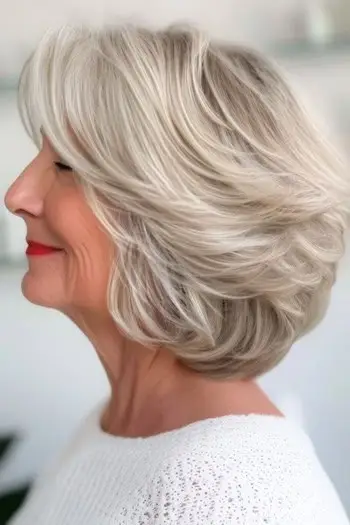 Krótkie, pierzaste warstwy, krótka fryzura dla kobiet po 70. roku życia.