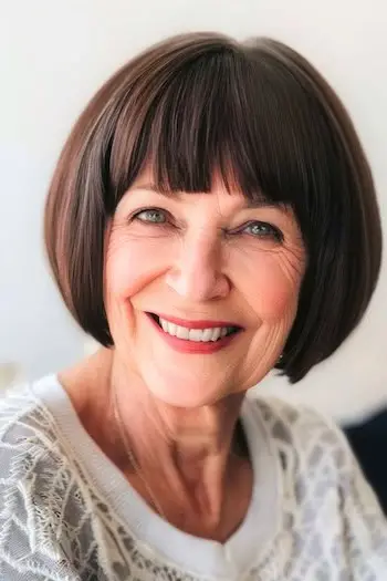 Klasyczny bob z grzywką, krótka fryzura dla kobiet po 70. roku życia.