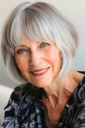 Bob do brody z grzywką Krótka fryzura dla kobiet po 70. roku życia.