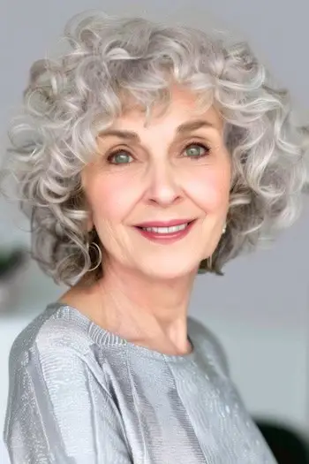 Przycięte srebrne loki, krótka fryzura dla kobiet powyżej 70. roku życia.