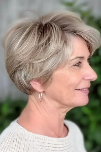 Warstwowa krótka fryzura Pixie Bob dla kobiet po 70. roku życia.