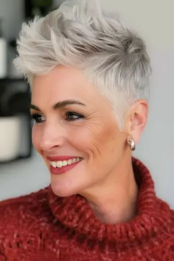 Teksturowana fryzura Pixie z podciętą krótką fryzurą dla kobiet powyżej 70. roku życia.
