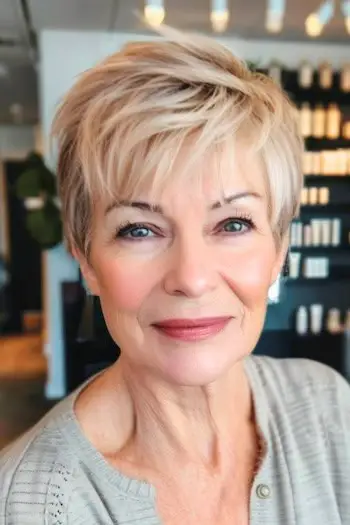 Teksturowana fryzura Pixie z grzywką dla kobiet po 70. roku życia.