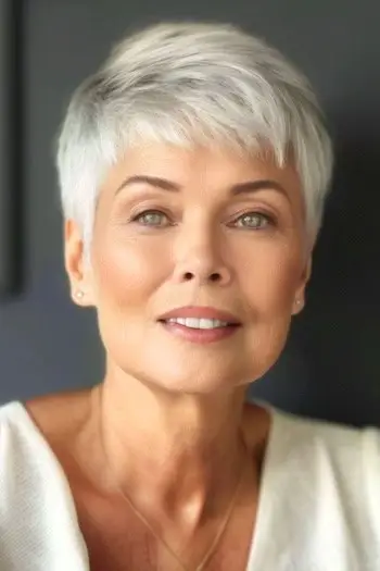 Przycięta krótka fryzura Pixie dla kobiet po 70. roku życia.