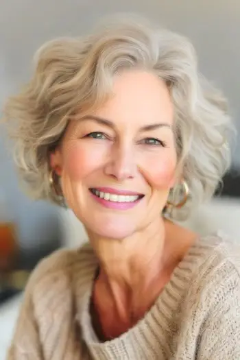 Warstwowa, falista, krótka fryzura typu bob dla kobiet po 70. roku życia.