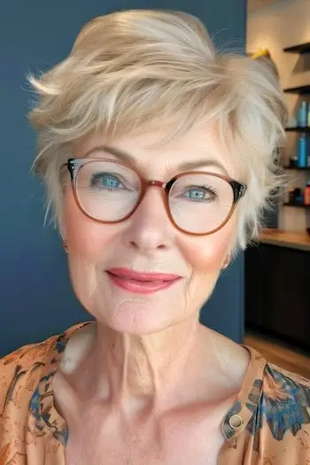 Potargana wróżka w okularach Krótka fryzura dla kobiet po 70. roku życia.