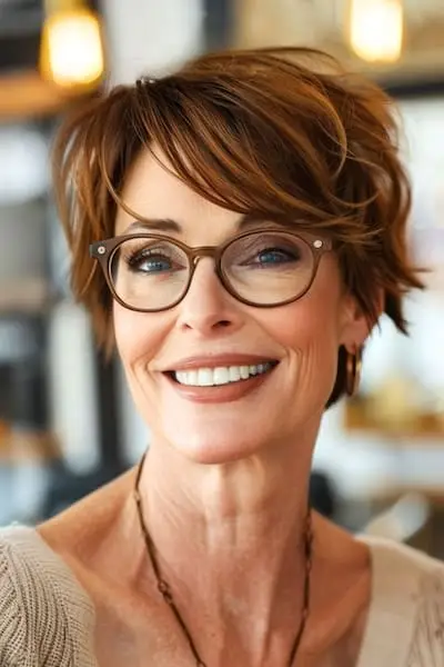 Peinado Pixie despeinado para mujeres mayores de 50 años con gafas.