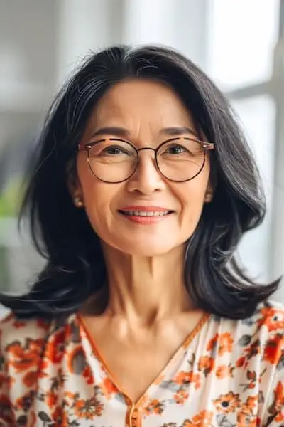 Peinado hasta los hombros con puntas volteadas para mujeres mayores de 50 años con gafas.