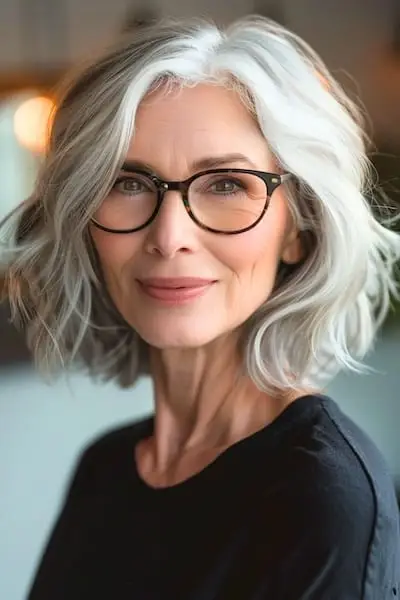 Peinado Bob con textura en capas para mujeres mayores de 50 años con gafas.